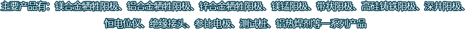 主要產(chǎn)品有：鎂合金犧牲陽(yáng)極、鋁合金犧牲陽(yáng)極、鋅合金犧牲陽(yáng)極、鎂錳陽(yáng)極、帶狀陽(yáng)極、高硅鑄鐵陽(yáng)極、深井陽(yáng)極、恒電位儀、絕緣接頭、參比電極、測(cè)試樁、鋁熱焊劑等一系列產(chǎn)品
